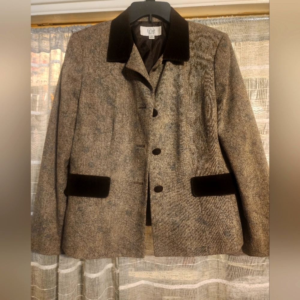 Le Suit Blazer Womens 16P Brown Wool Blend Floral Button Jacket